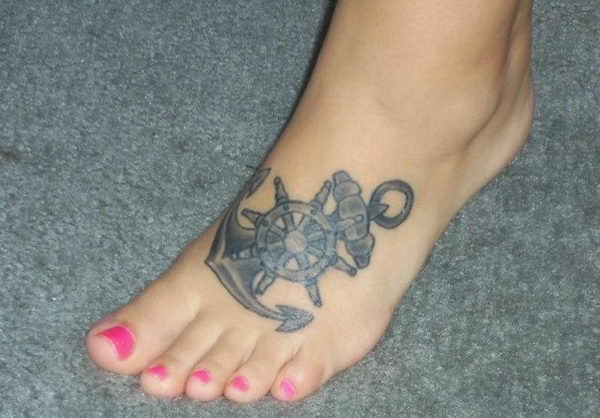 Creative Anchor And Ship Wheel Tattoo On Foot For Girls