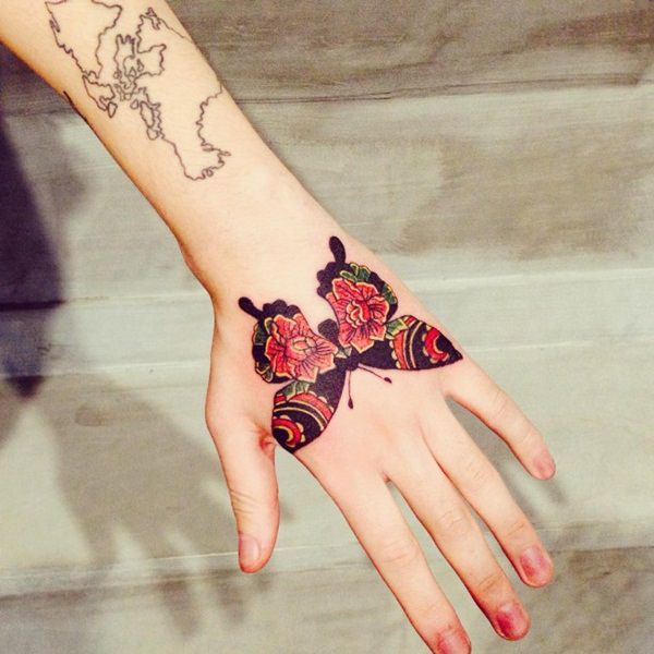 Creative Floral Butterfly Tattoo On Girl Hand
