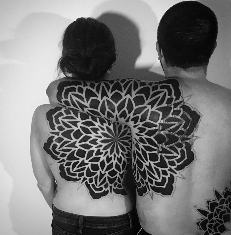 Creative Mandala Tattoo On Back For Couples