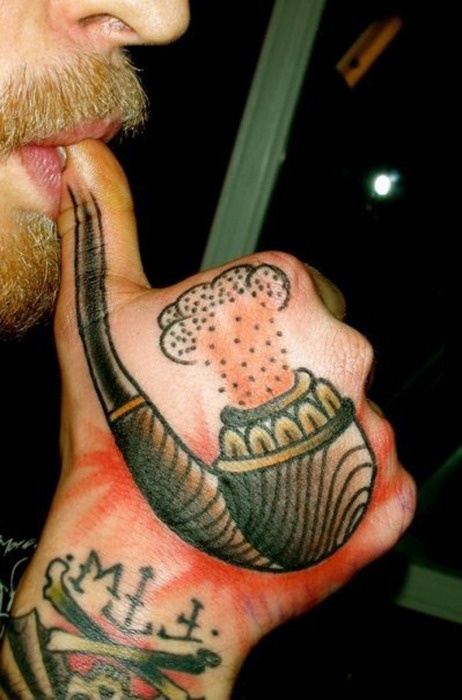 Creative Old School Pipe Tattoo On Hand For Men