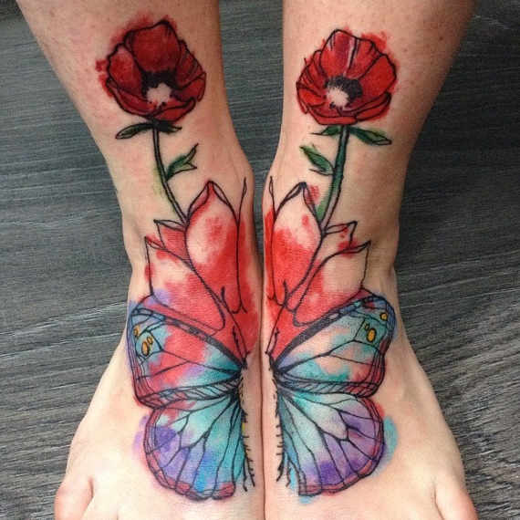 Creative Watercolor Butterfly And Flowers Tattoo On Feet