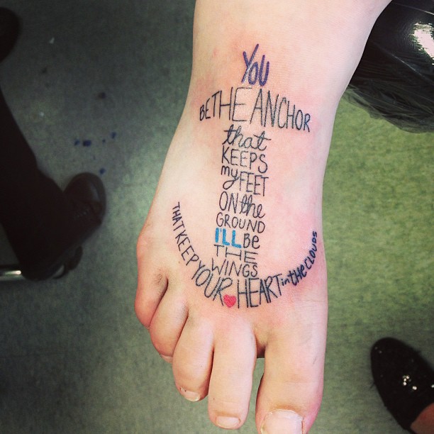 Creative Wording Anchor Tattoo On Foot