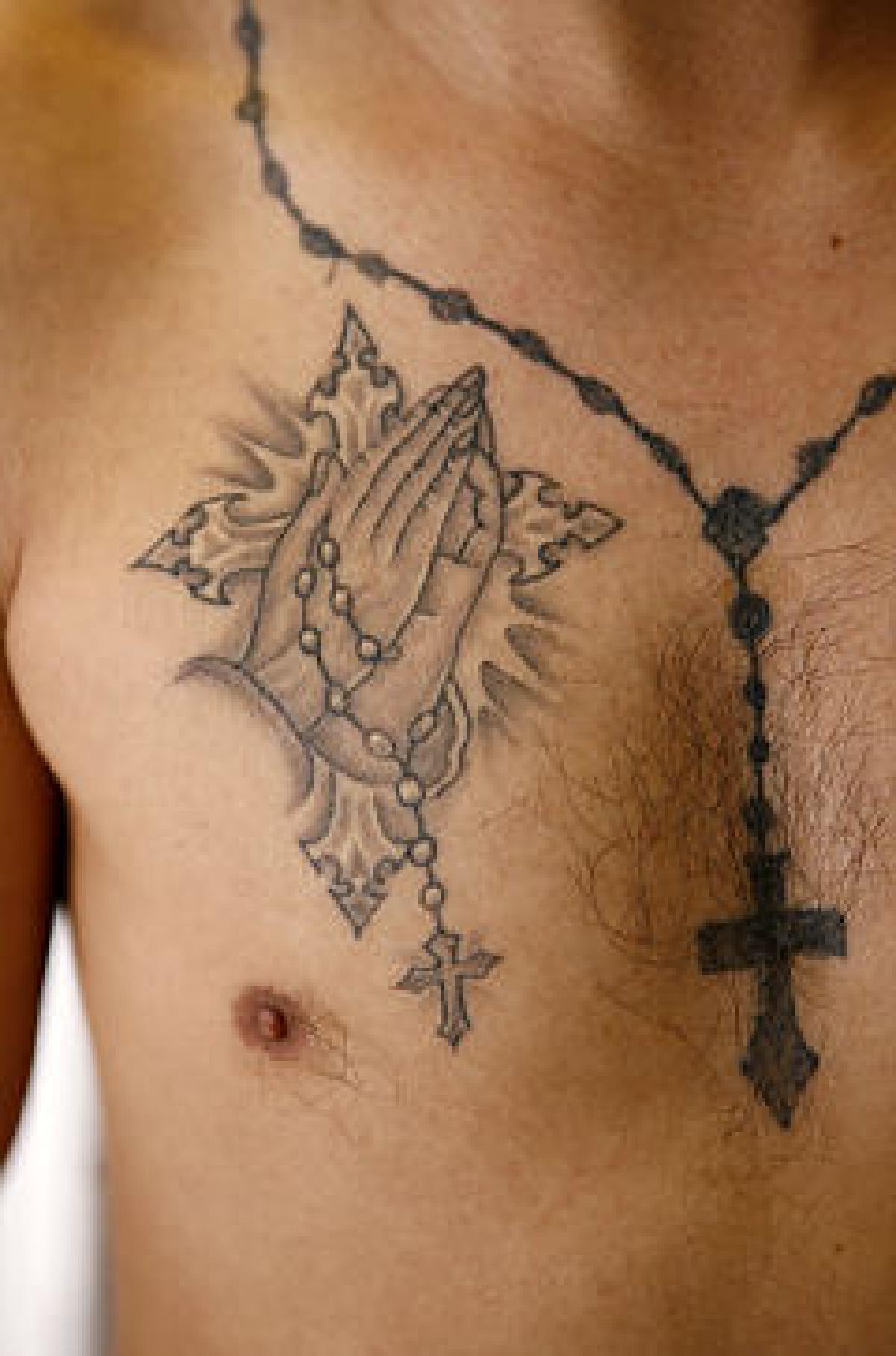 Cross Hands And Rosary Tattoo On Chest For Men