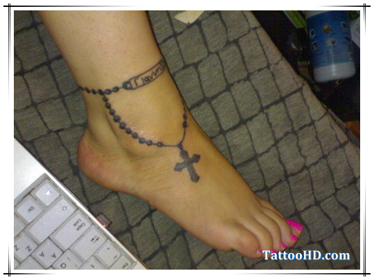 Cross Rosary Bracelet Tattoo On Women Ankle
