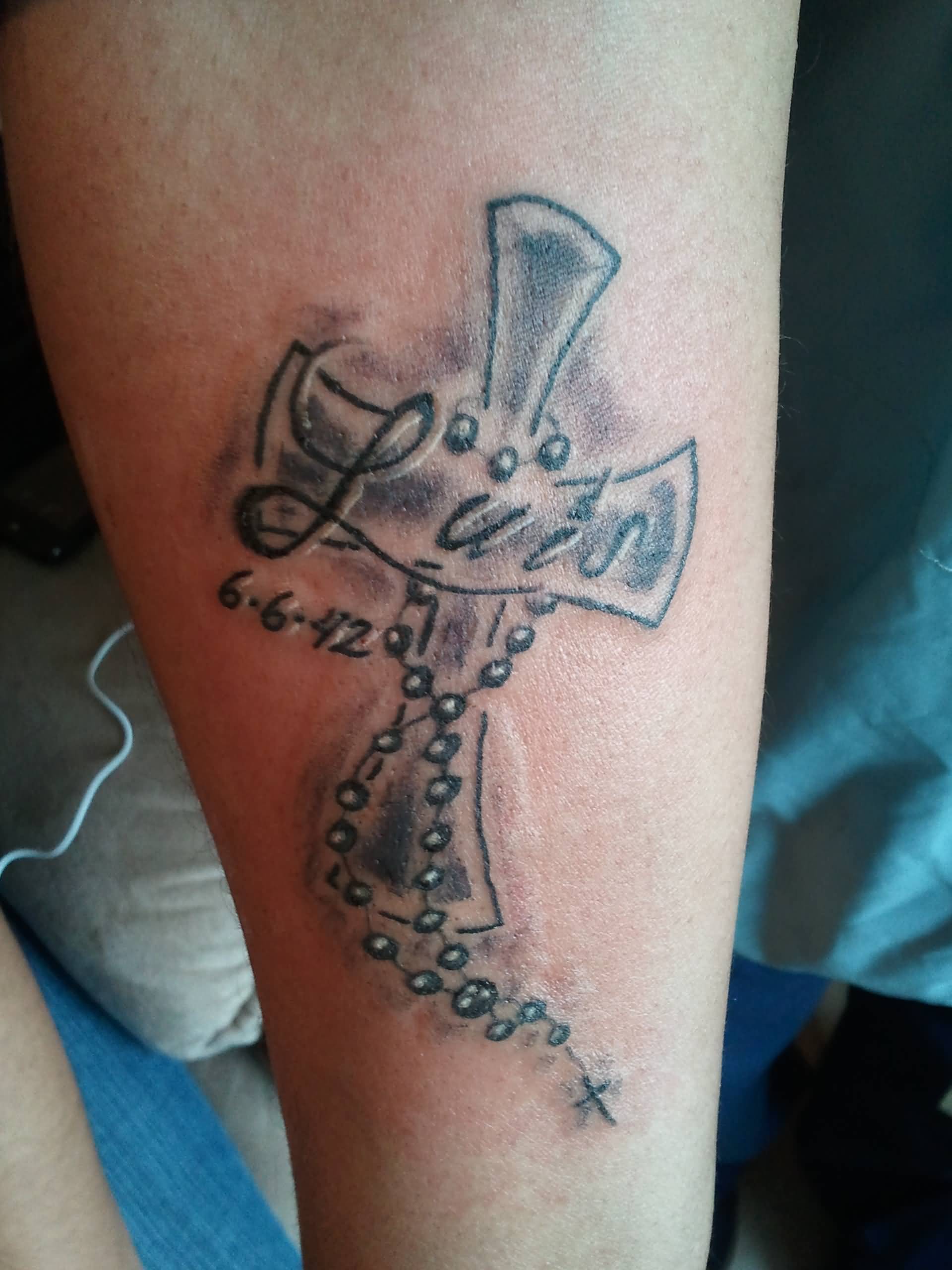Cross Rosary Name Tattoo On Arm