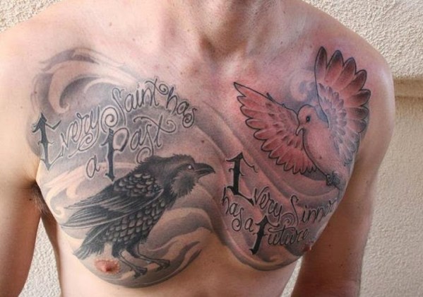 Crow And Flying Dove Tattoos On Chest