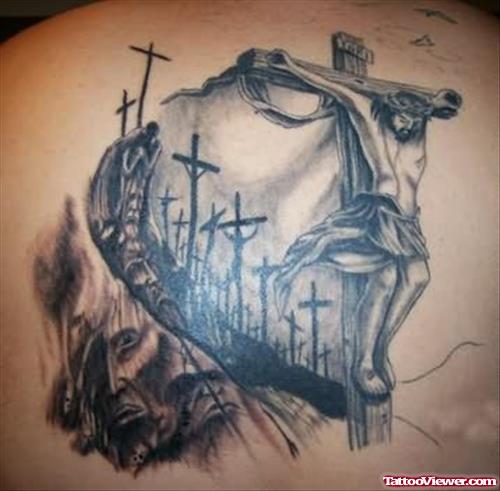 Crucified Jesus And Cross Christianity Tattoo On Upper Back