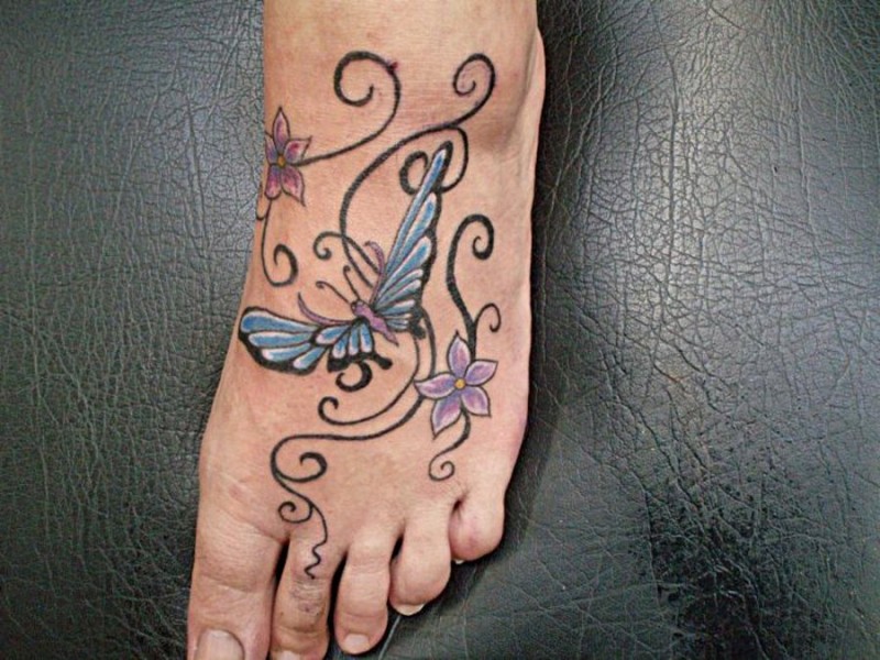 Curl Butterfly Flowers Tattoo On Foot