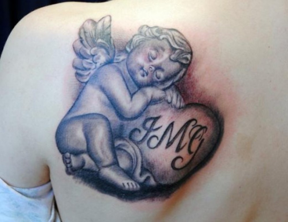 Cute Baby Memorial Angel Tattoo On Back Shoulder