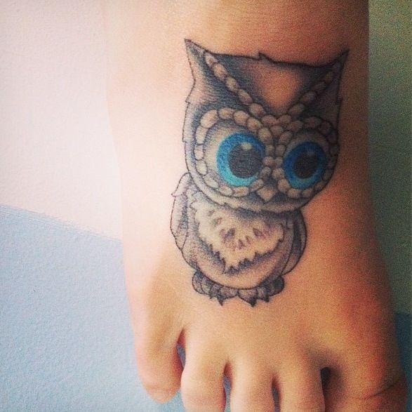Cute Big Eyes Owl Foot Tattoo