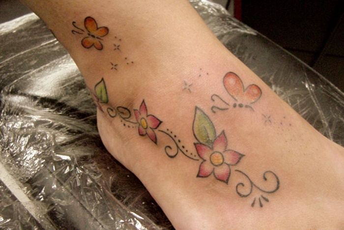 Cute Butterfly And Flowers Tattoo On Foot And Ankle