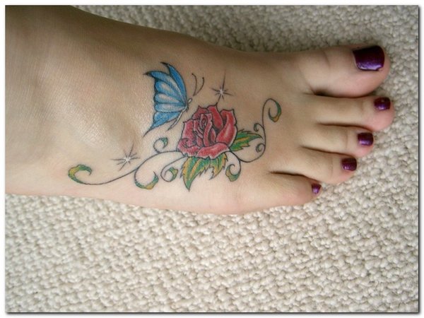 Cute Butterfly With Rose Tattoo On Girl Foot