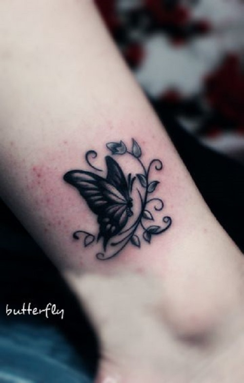 Cute Butterfly With Vine Tattoo On Ankle