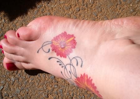 Cute Daisy Foot Tattoo For Young Girls
