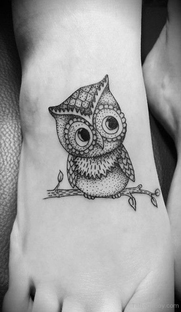 Cute Dotwork Owl Tattoo On Foot