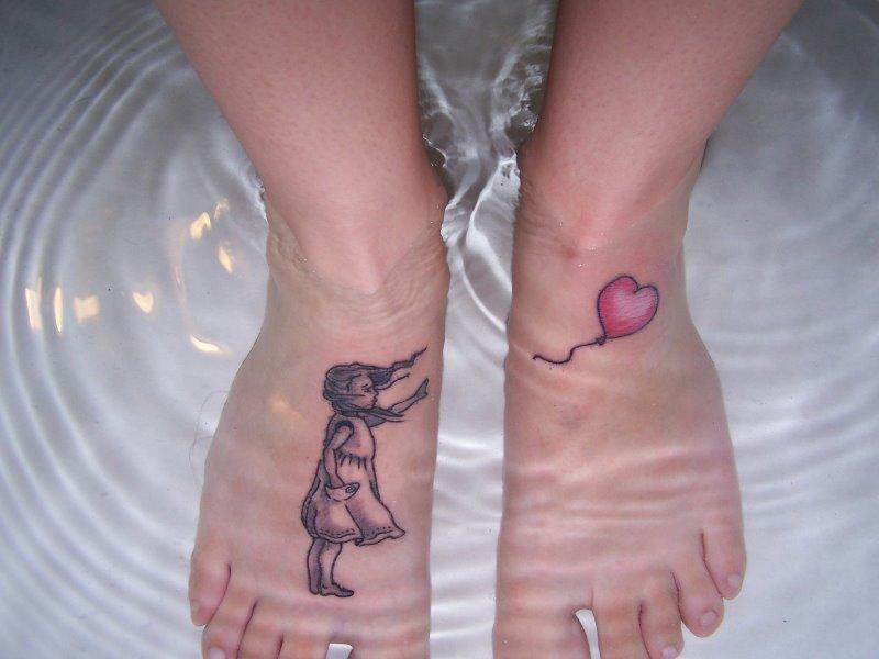 Cute Girl With Balloon Tattoo On Both Feet
