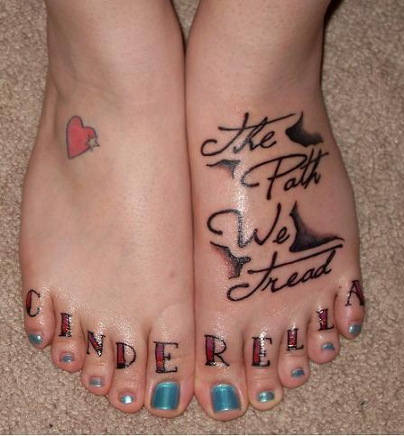 Cute Heart And Wording Tattoo On Both Feet For Girls