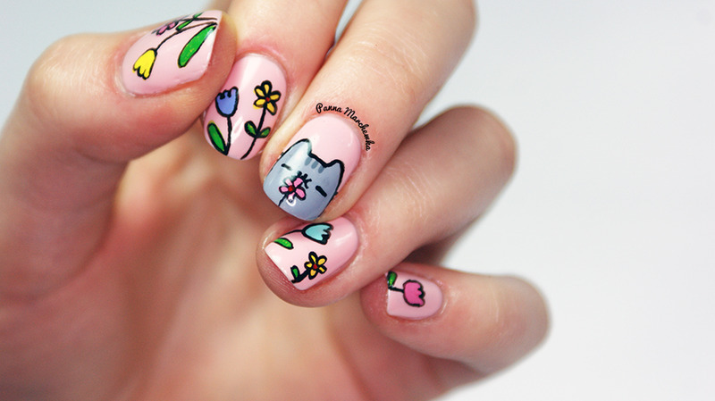 Cute Kitty And Spring Flowers Nail Art Design