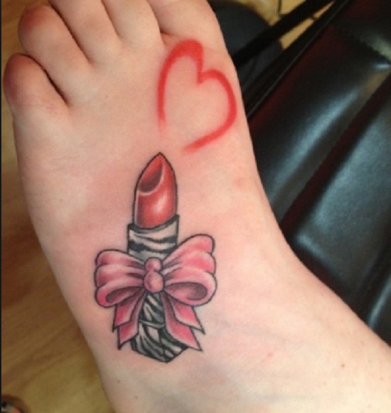 Cute Lipstick And Red Heart Mark Tattoo On Foot