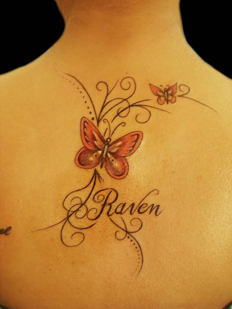 Cute Raven Butterflies Tattoo On Upper Back For Women