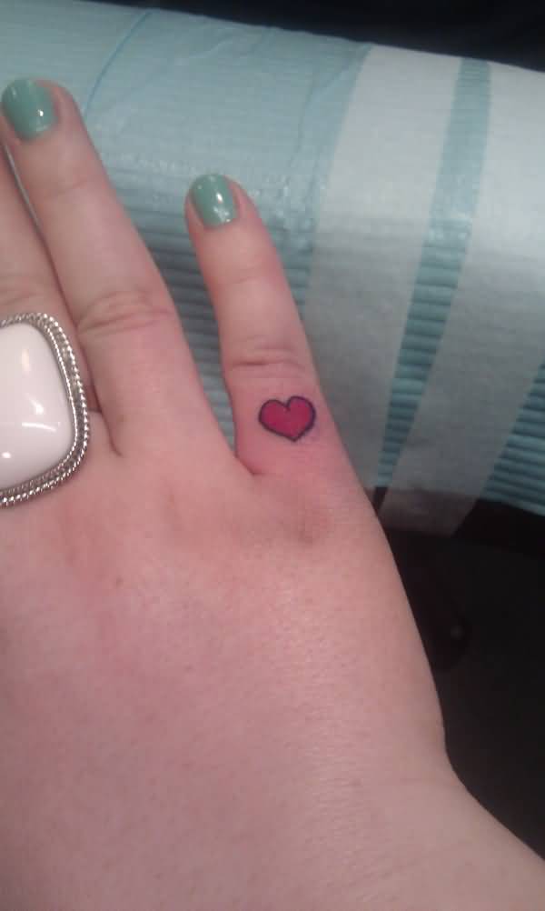 Cute Red Heart Finger Tattoo For Girls