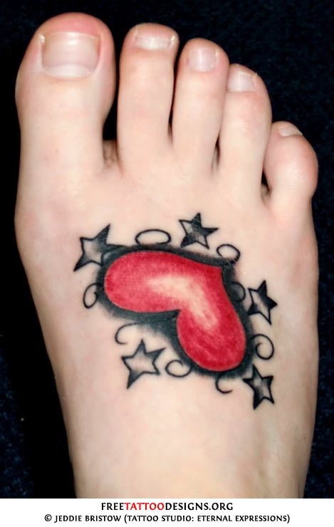 Cute Red Heart Stars Tattoo On Right Foot