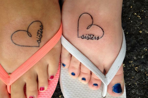 Cute Sisters Matching Heart Tattoos On Feet