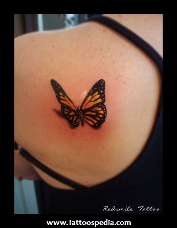 Cute Small Monarch Butterfly Tattoo On Back Shoulder