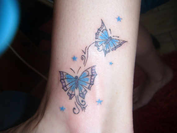 Cute Stars Butterflies Tattoo On Ankle