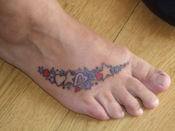 Cute Stars Heart Tattoo On Foot