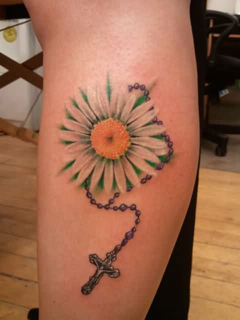 Daisy And Rosary Tattoo On Arm