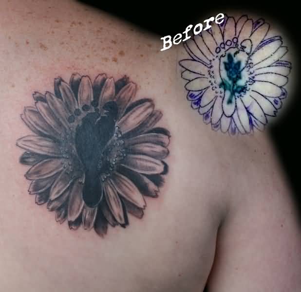 Daisy Flower And Foot Print Tattoo