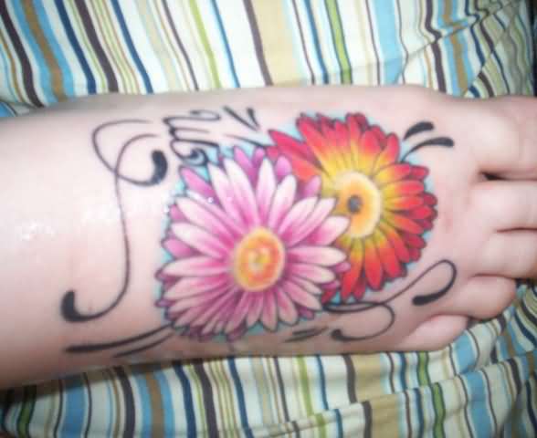 Daisy Flowers Tattoos On Right Foot