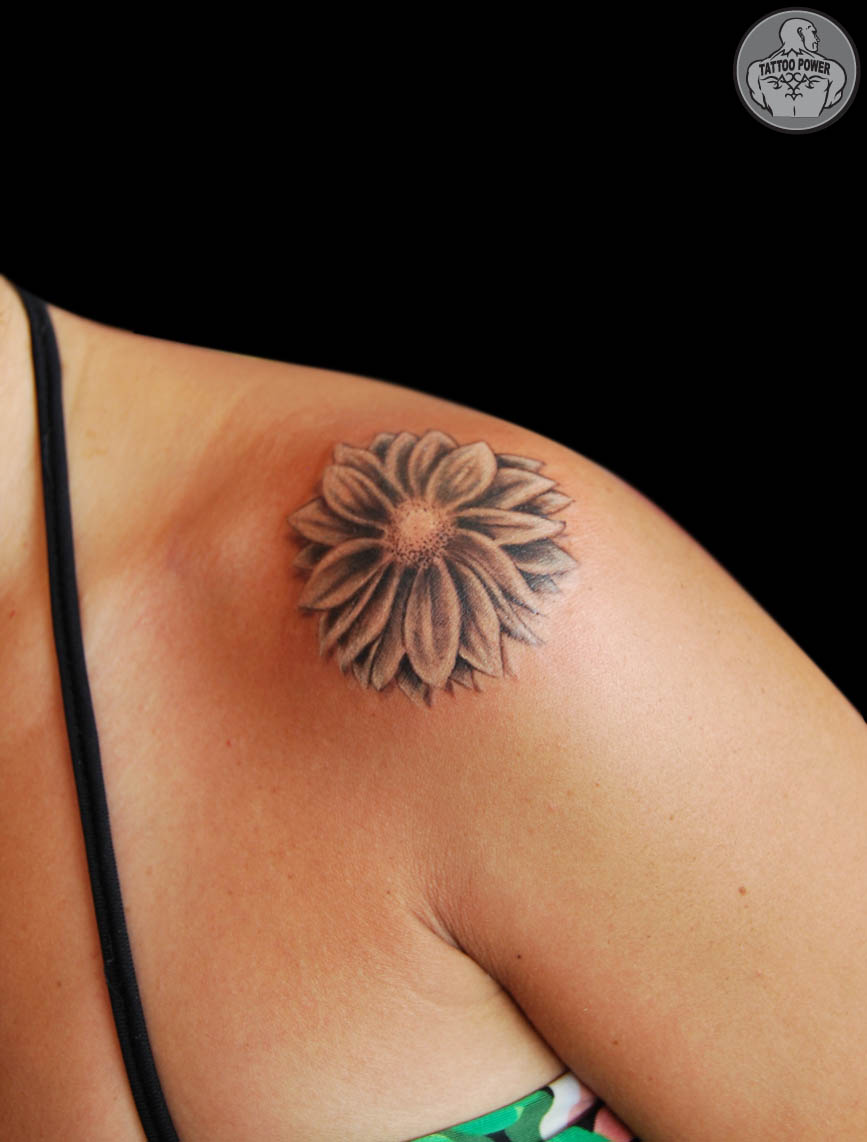 Daisy Tattoo On Left Shoulder