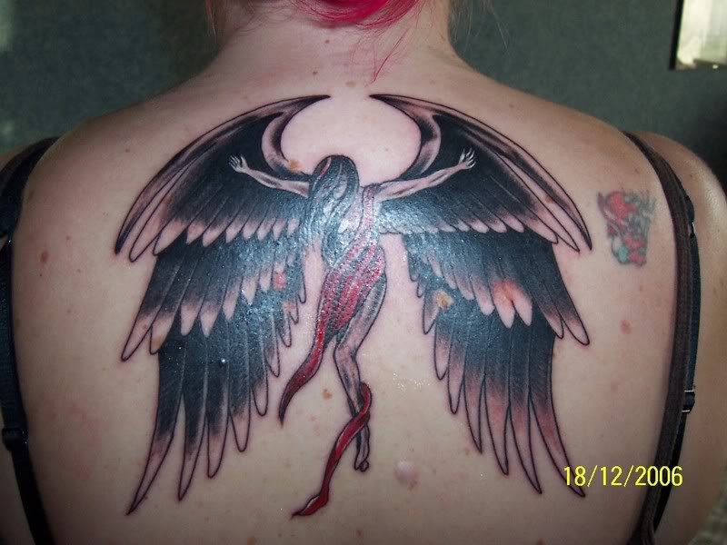 Dark Angel Girl Tattoo On Upper Back For Girls