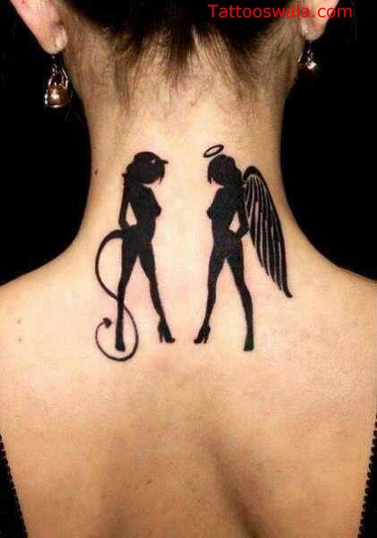 Dark Black Ink Angel And Demon Tattoo On Back Neck