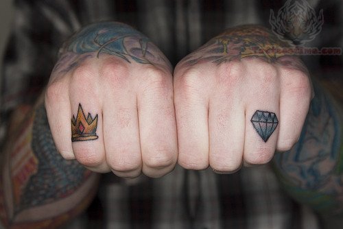 Diamond And Crown Tattoos On Fingers