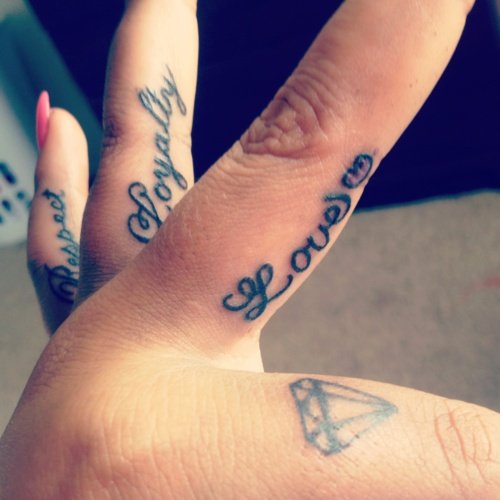 Diamond And Love Tattoo On Side Finger