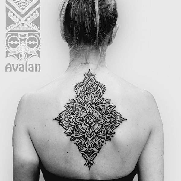 Diamond Shaped Mandala Tattoo On Upper Back For Women