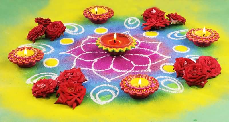 Diwali Rangoli With Flowers And Diyas