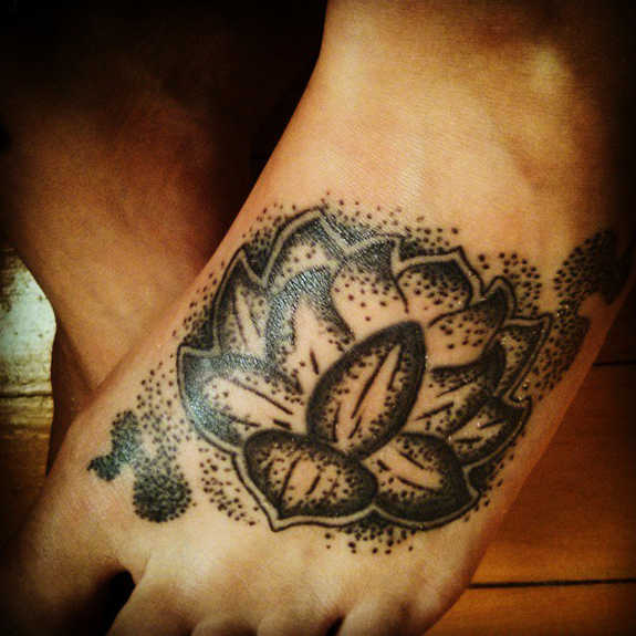 Dotwork Black And White Lotus Flower Foot Tattoo
