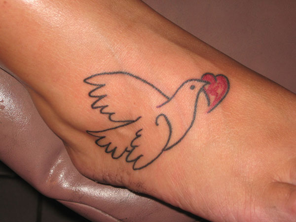 Dove Outline With Heart Tattoo On Right Foot