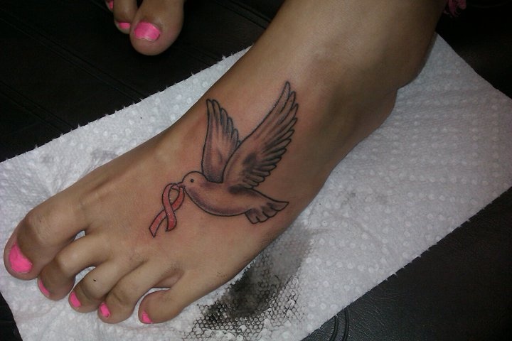 Dove With Cancer Ribbon Tattoo On Foot