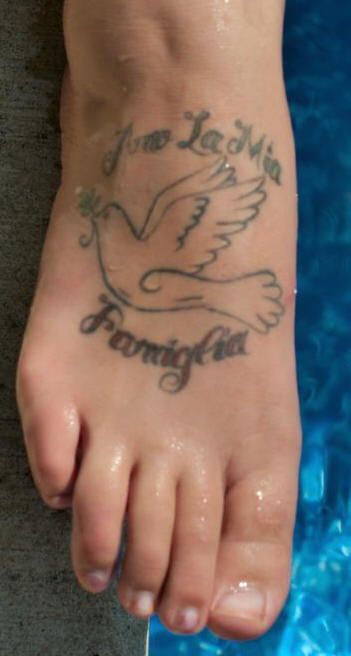 Dove Wording Tattoo On Foot