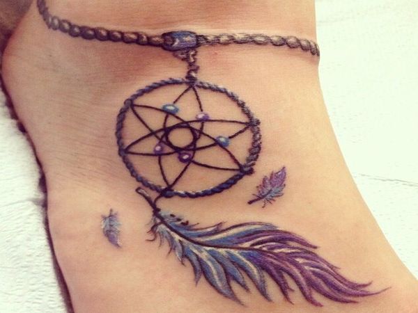 Dreamcatcher With Long Feather Bracelet Tattoo On Ankle