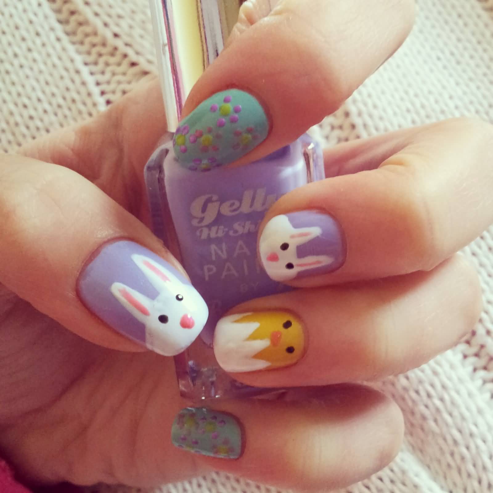 Easter Bunny And Chick With Polka Dots Nail Art