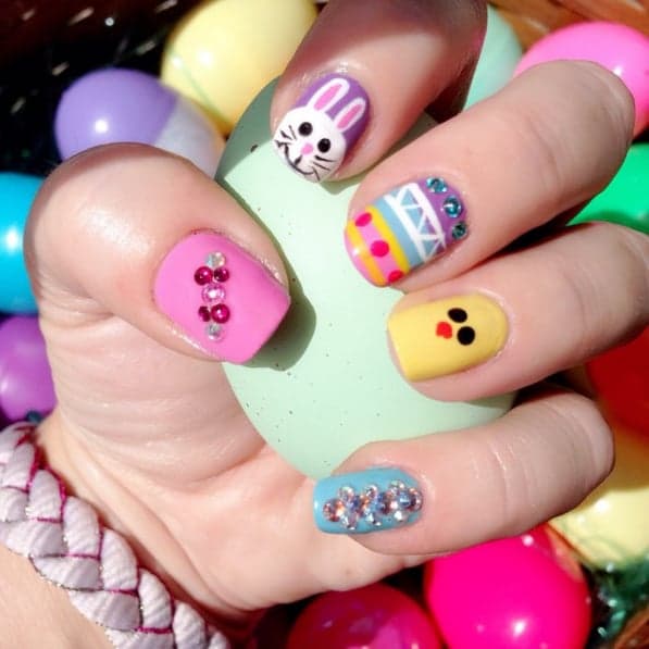 Easter Bunny And Eggs With Rhinestones Design Nail Art