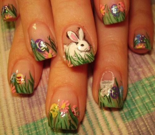 Easter Bunny And Flowers Nail Art Design Idea
