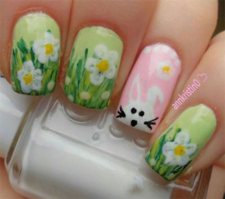 Easter Bunny And Flowers Nail Art