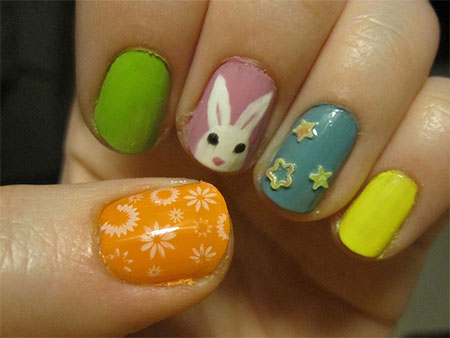 Easter Bunny And Star Studs Nail Art